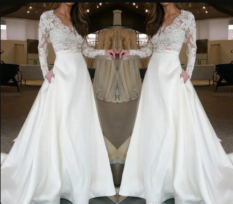 Pizzo in raso a maniche lunghe abiti da sposa a maniche lunghe 2019 abiti da sposa formali alti trasgenti con tasche abiti da sposa boho su misura realizza