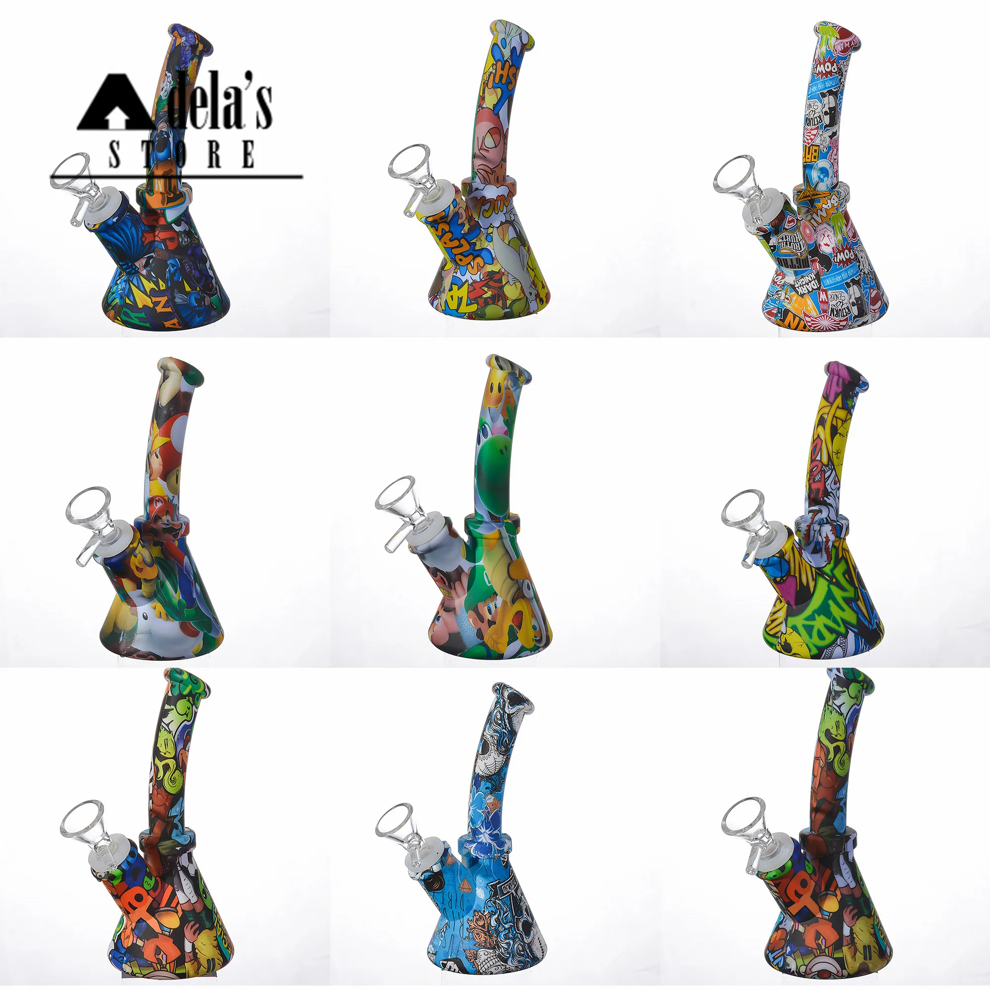 Silicone Bongs Water smoke Hookah Printing 6.5 Inch Downstem + Free Glass Bowl 14.4mm Joint Mixed Colors Food Grade Pipes Dab 484