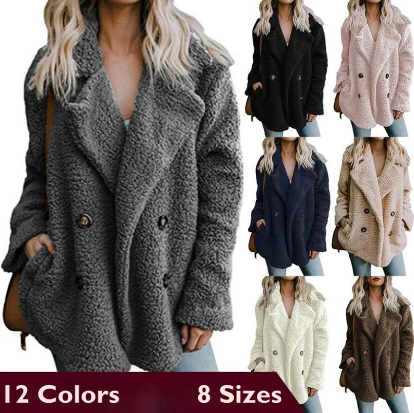 Fleece revers nek jassen 12 kleuren herfst winter 2-rij knop lange mouw jas sherpa uitloper oooa7193