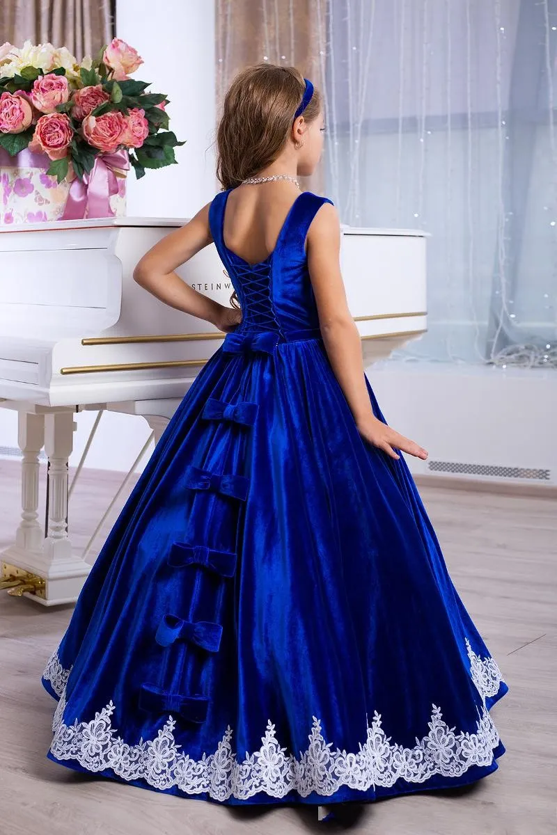 New Royal Blue Princess Girls Pageant Dresses Velvet Jewel Neck Ball Gown White Lace Appliques Bow Cheap Kids Wedding Flower Girls Dresses