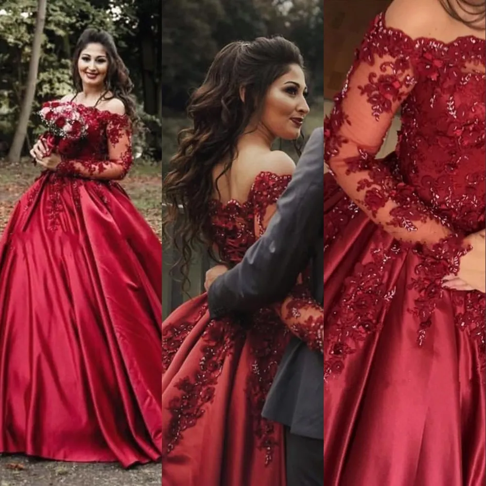 Bury Dark Red Ball Gown Wedding Dresses Off Shoulder Long Sleeves Satin Lace Appliques Flowers Beaded Plus Size Formal Bridal Gowns 403