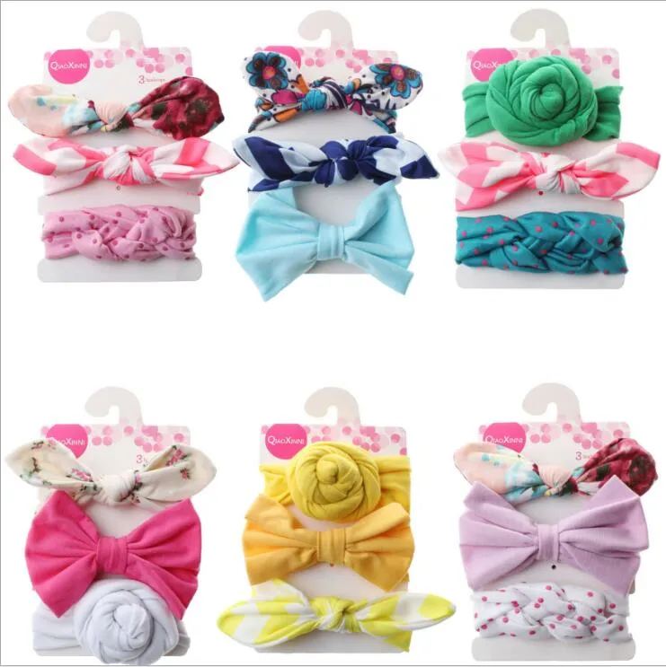 Baby Headbands Girls Rabbit Ear Headband Bow Knot Turban Infant Elastic Hairbands Floral Dot Headwear Kids Hair Accessories 3pcs/set A5834