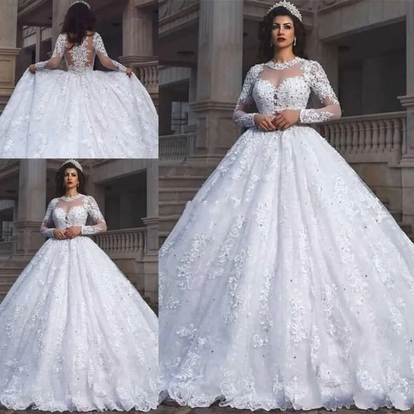 2019 New Arival Puffy Ball Gown Bröllopsklänningar Jewel Neck Långärmad Full Lace Appliques Beaded Illusion Plus Storlek Formella Bröllopklänningar