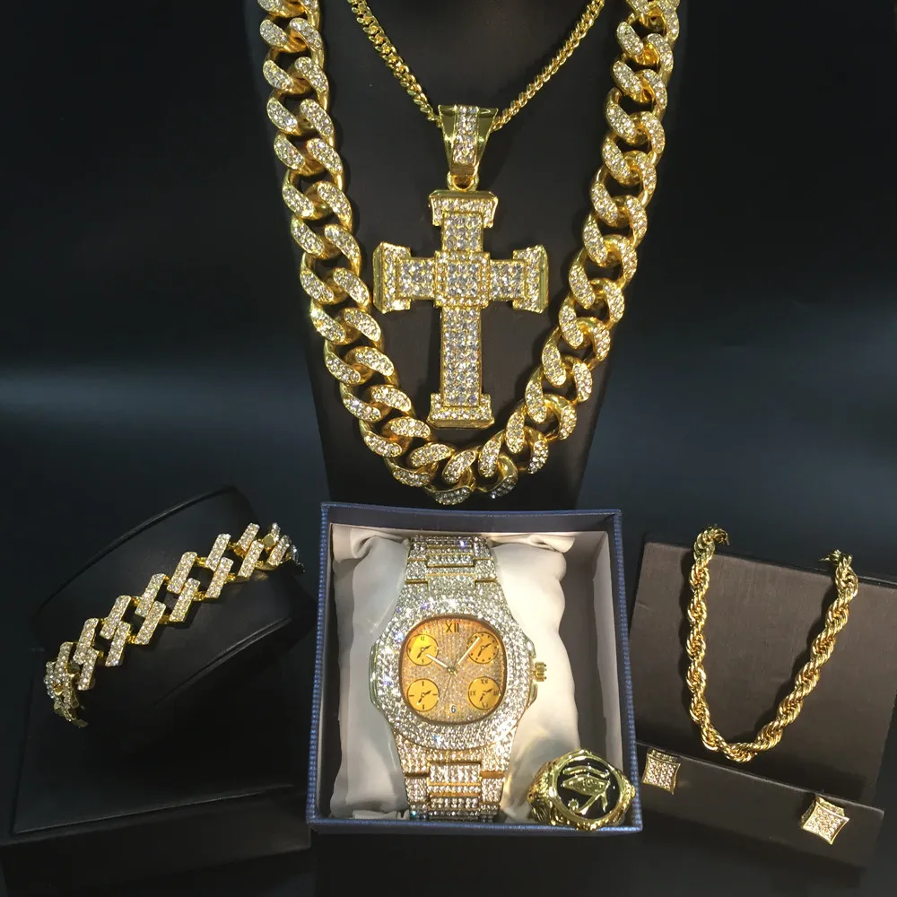 Męski Złoty Zegarek Hip Hop Mężczyźni Naszyjnik Zegarek + Naszyjnik + Bransoletka Pierścień Combo Set Iced Seted Cuban Golden Jewelry Set
