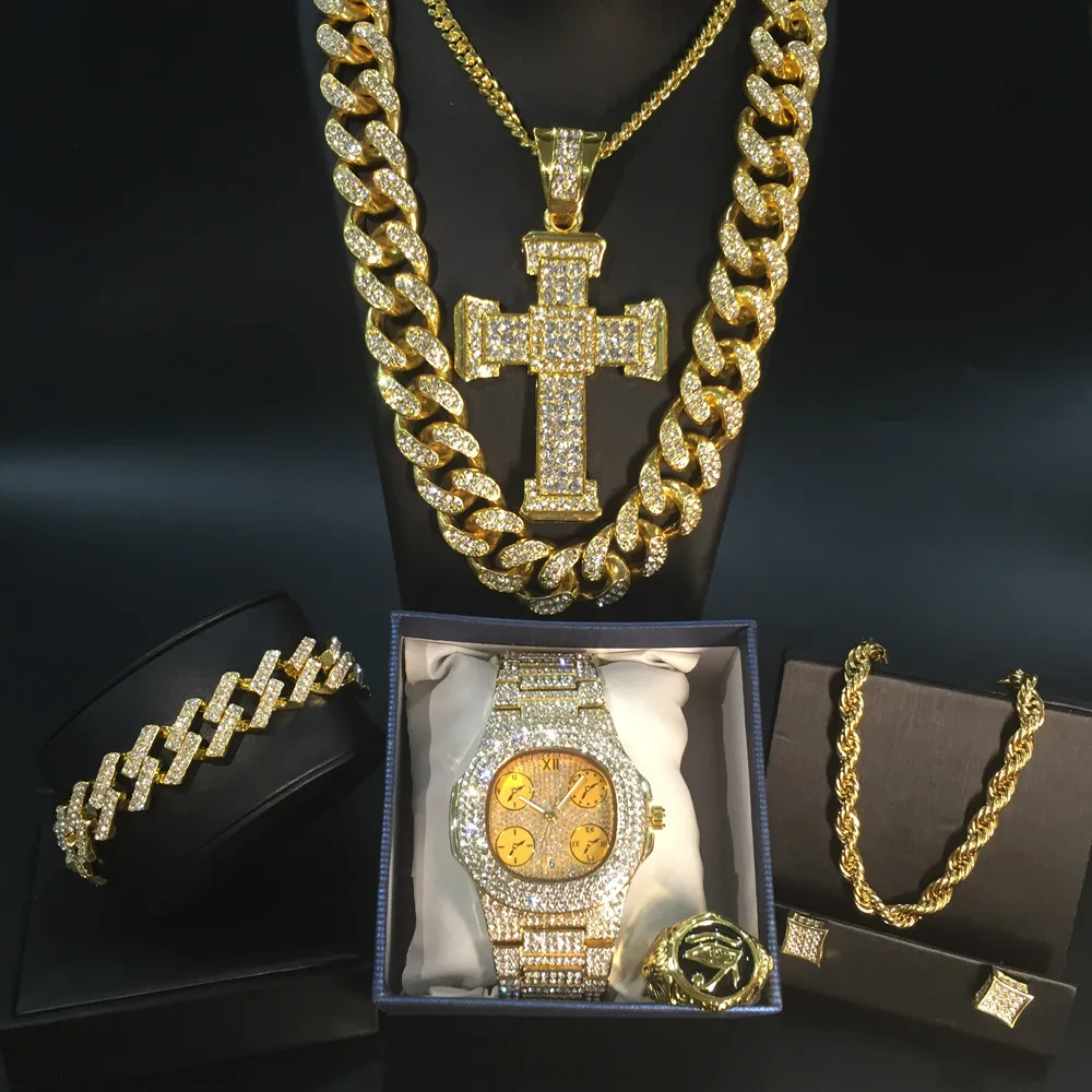 Mäns Golden Watch Hip Hop Men Halsband Klocka + Halsband + Armband Ring Combo Set Iced Outed Cuban Golden Smycken Set