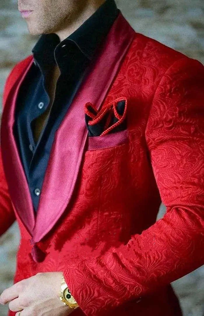 Nowy Classic Design Red Groom Tuxedos Groomsmen One Button Szal Lapel Najlepszy człowiek Garnitur Męskie Męskie Garnitury Blazer (kurtka + spodnie + krawat) 1233