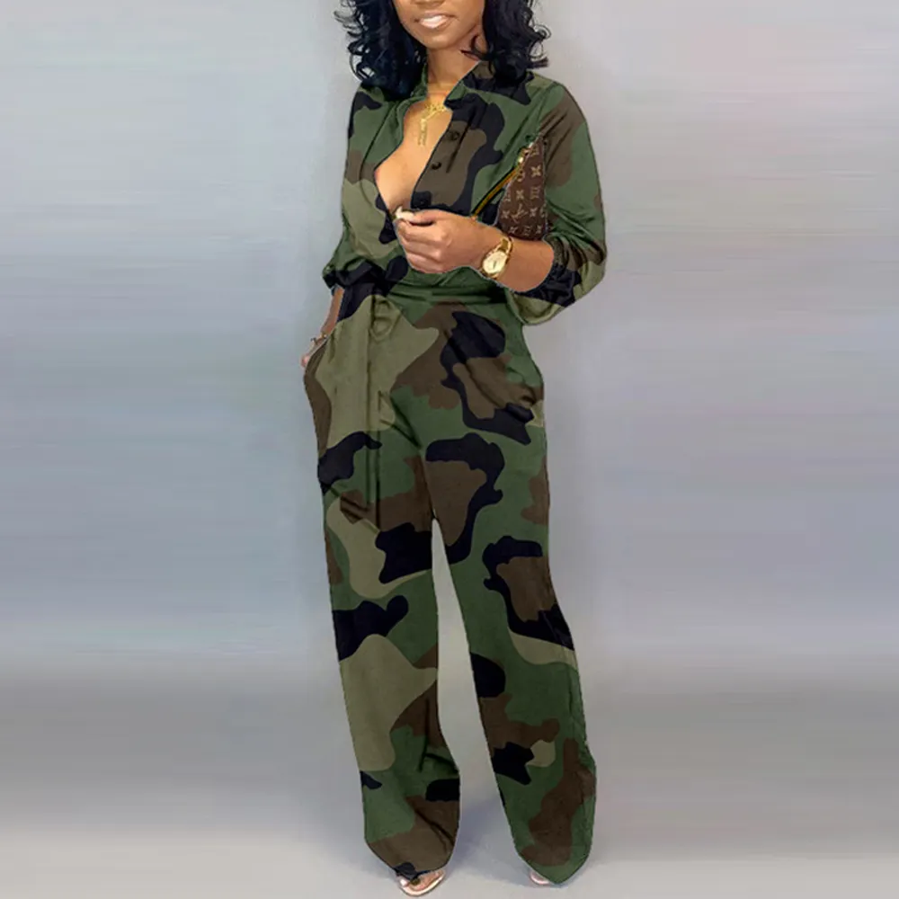 Frauen Camouflage Gedruckt Plus Größe Langarm Bodycon Overall Casual Wrap Gürtel Taste Unten Weibliche Gesamt Overalls Party Club Strampler