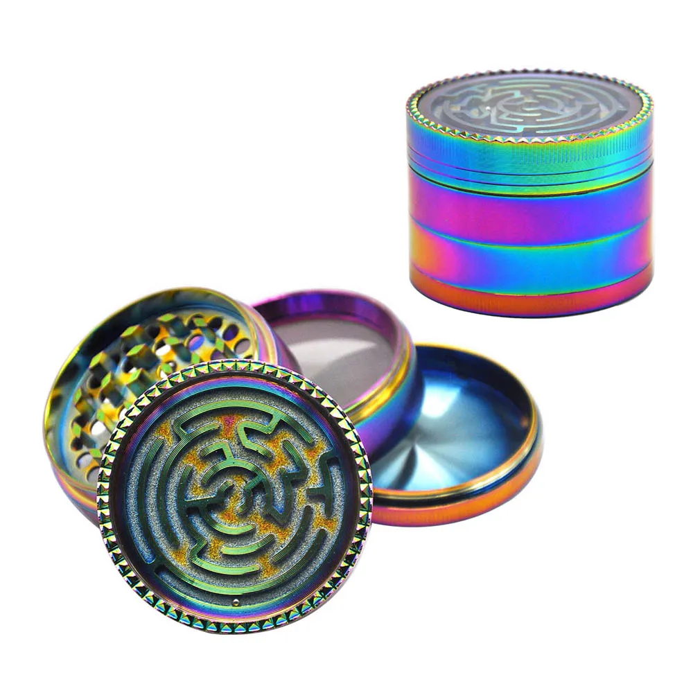 Rainbow Zinklegering Roken Herb Grinder met Maze Game 63mm 4 Stuk Metalen Tobacco Grinder Smoke Grinders voor Hand Lepel Pipe Accessoires