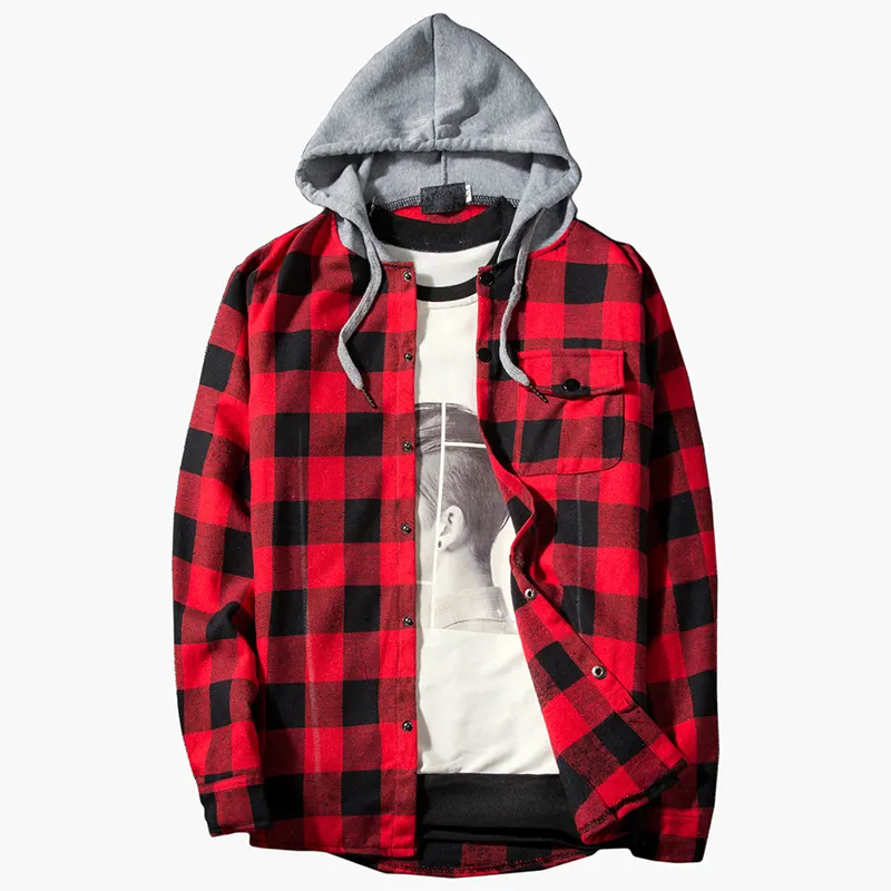 2020 Brand New Red Plaid Hooded Hooded Flannel Shirt Casual Slim