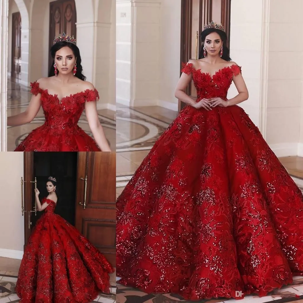 Saudi Arabic 2020 Red Ball Gown Wedding Dresses Off The Shoulder Lace Appliqued Dubai Crystal Beaded Bridal Gowns Vestido De Novia