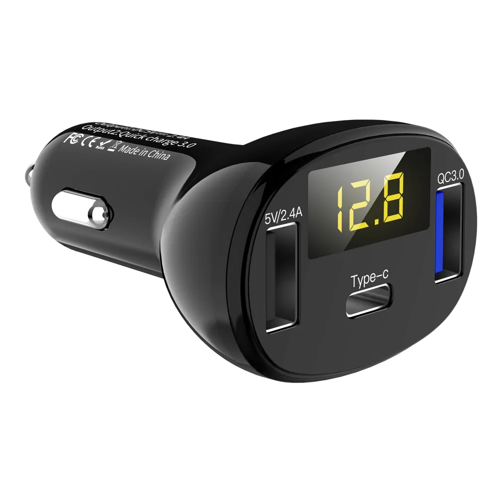 32W Quick Charger QC 3-Port FAST Car Charger, Type-C Port 5V 3.1A 32W QC3.0 Quick Charge 3 USB Type C Port LED Voltmeter