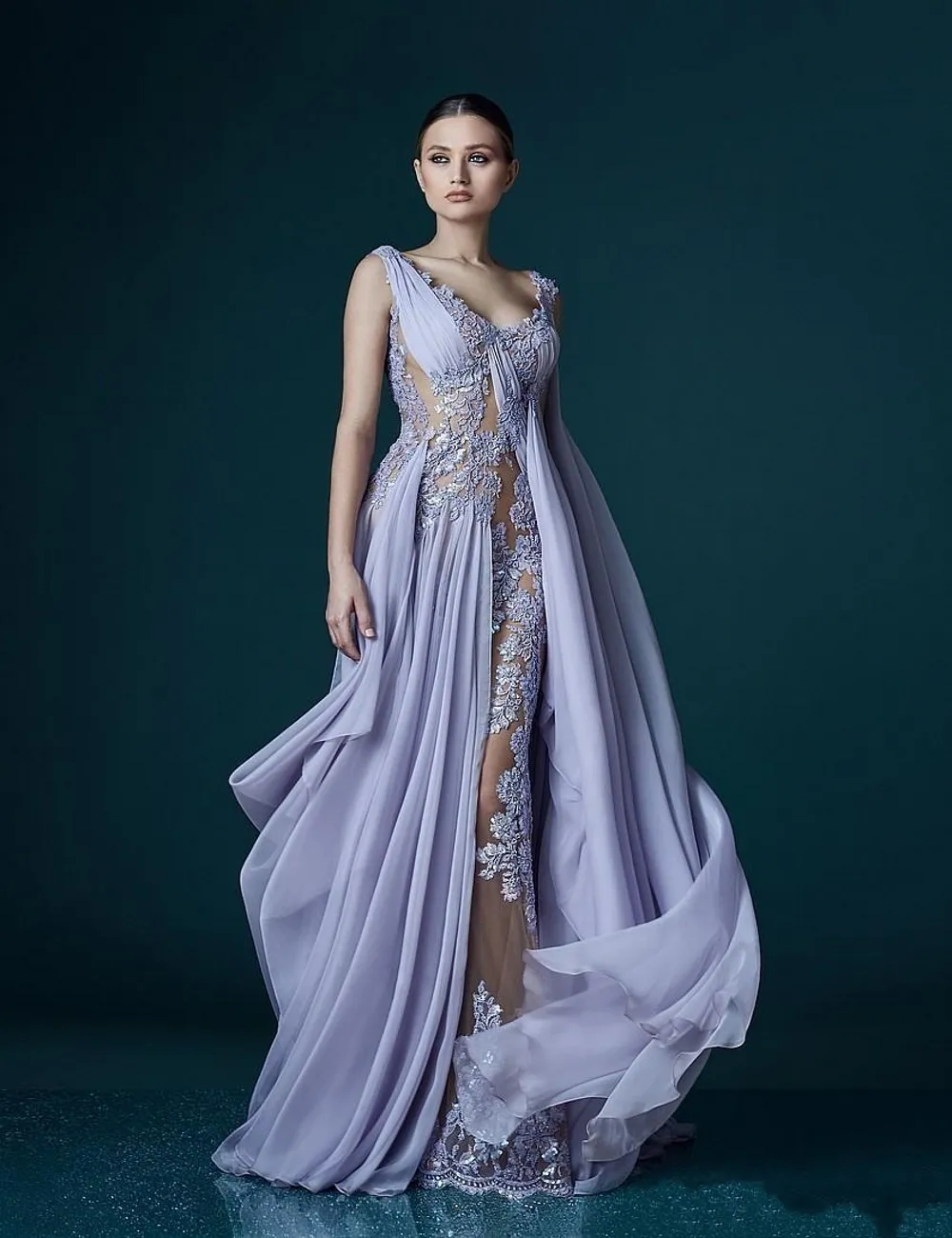 Lavendelfarbene Abendkleider mit tiefem V-Ausschnitt und Wickelapplikationen, durchscheinend, rückenfrei, Promi-Kleid, Abendkleider, atemberaubender langer Chiffon-Abschlussball D279e