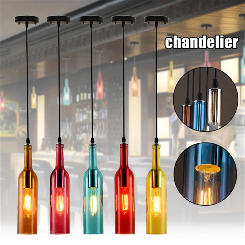 Vintage Kroonluchter Verlichting E27 Rode Wijnfles Glas LED Hanglamp Restaurant Cafe Bar Hotel Wijnfles Opknoping Lampen