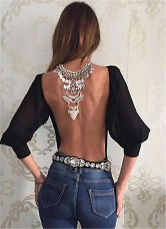 Sexy Women Black Backless Szyfonowe Bluzki Z Długim Rękawem Casual Otwarty Bluzka Topy Czarny Biały