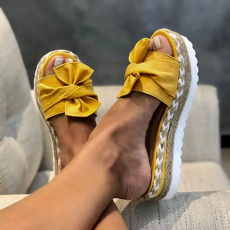 Sandalias de mujer más vendidas de 2020, zapatillas con lazo de mariposa de talla grande, zapatos de tacón alto de verano, zapatillas con diseño de flores grandes