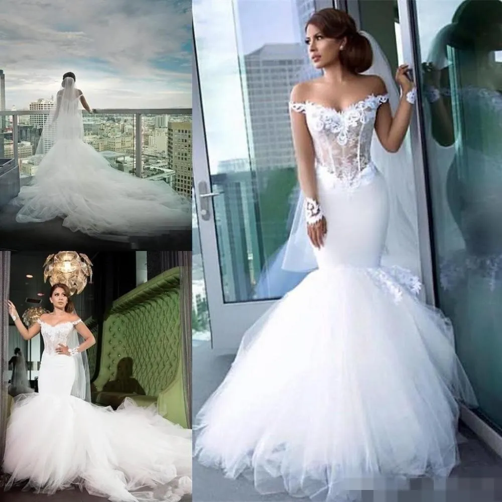 Élégant hors de l'épaule sirène robes de mariée en dentelle Applique chapelle train Tulle Illusion corsage mariage robe de mariée vestido de novia