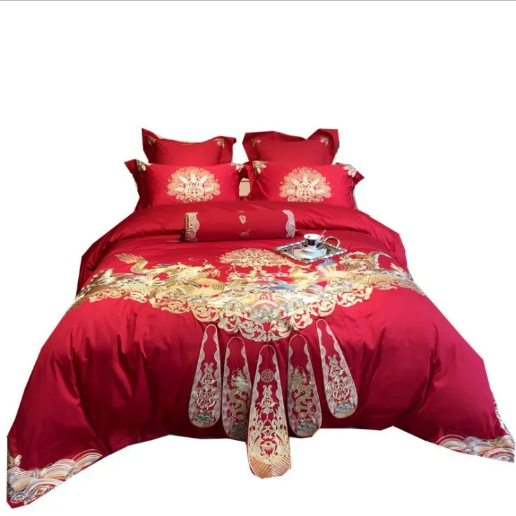 Sängkläder sätter bröllop set lyx röd kinesisk stil bomull marry duvet täcke broderade drottning kung storlek sängkläder
