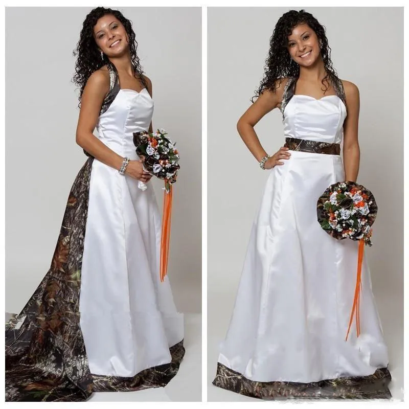 Robes de mariée modestes A-Line Halter Camo avec train chapelle détachable longues robes de mariée formelles sur mesure en ligne Robes De Novia