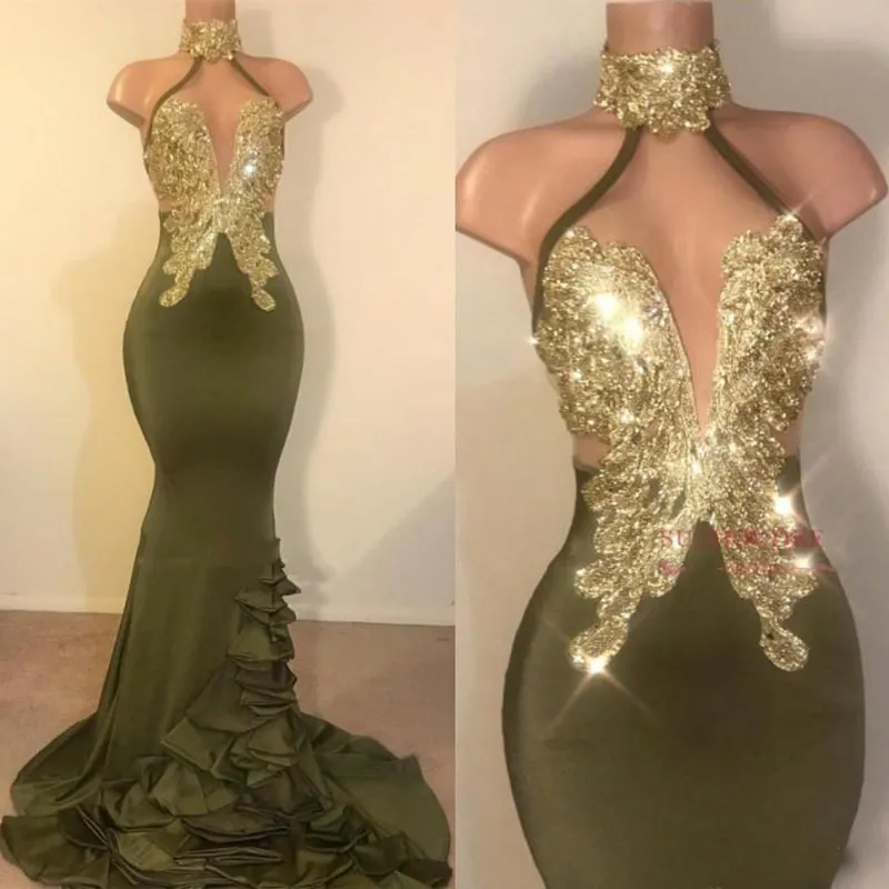 Sexig sjöjungfru olivgrön balklänningar halter halsguldapplikationer rygglös stretchig satin långa kvällsklänningar vestidos skräddarsydd festklänning