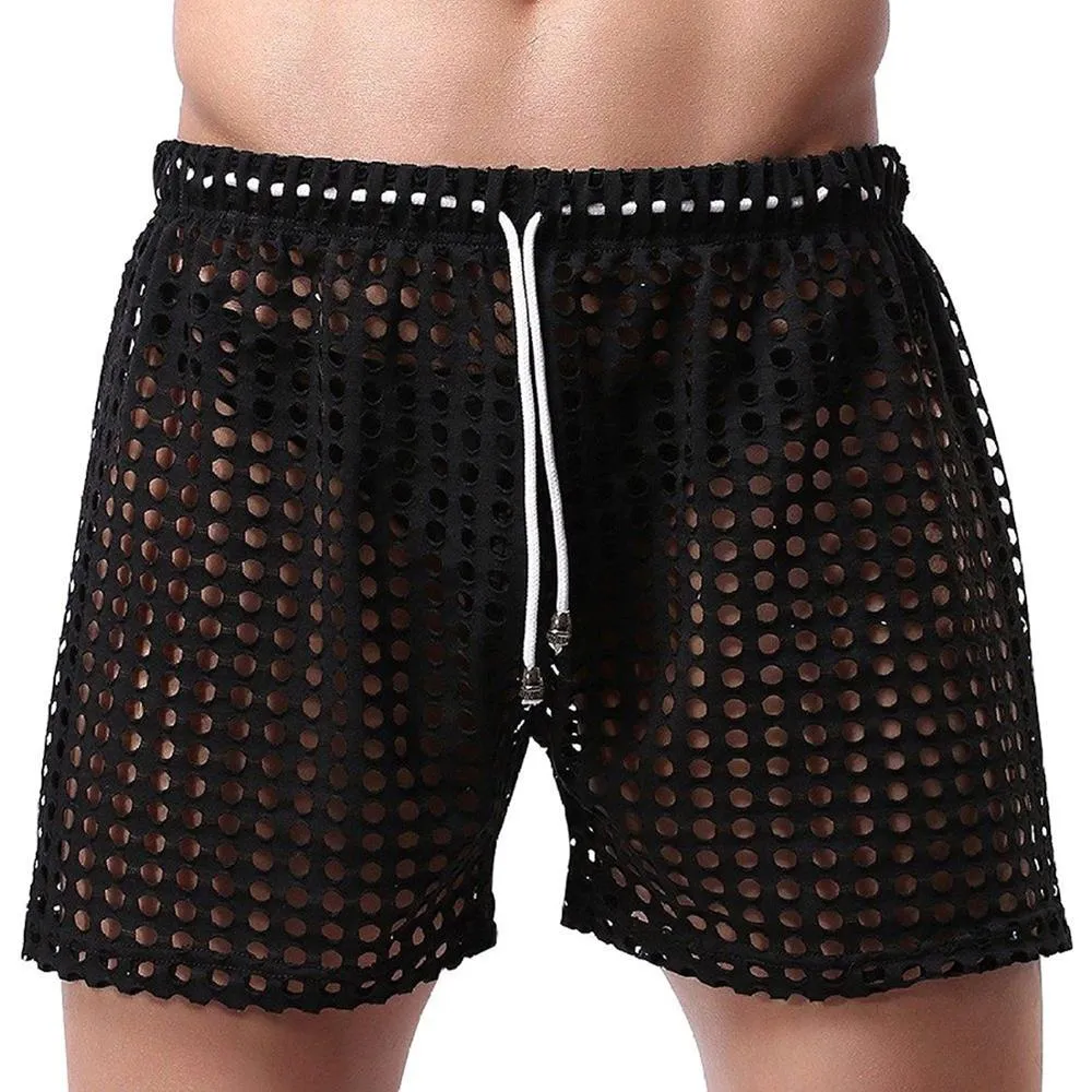 Heren Sexy Shorts Hollow OpenWork Drawstring Lounge Underwear Boxer Yoga Shorts