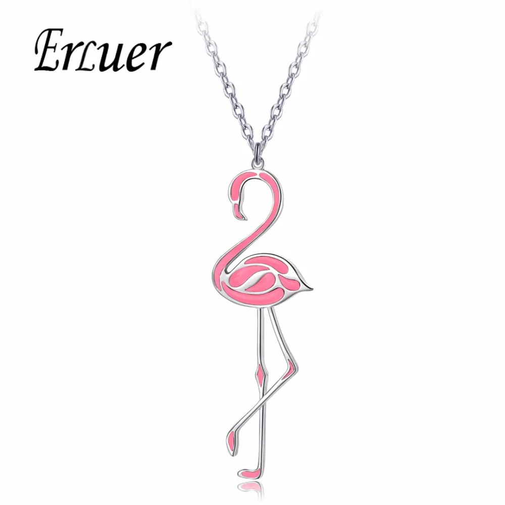 ERLUER Fashion Jewelry Pink Black Flamingo Necklace For Women Cute Bird Animal Enamel Charming Long Silver Plated Pendant Necklace