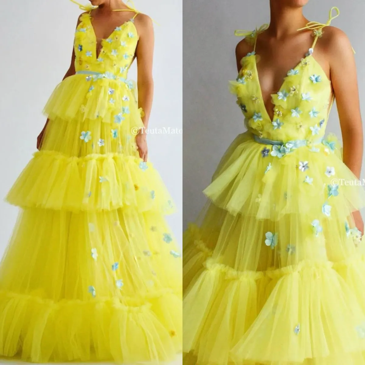 2020 Yellow Prom Dresses With Belt Spaghetti 3D Floral Flowers A Line