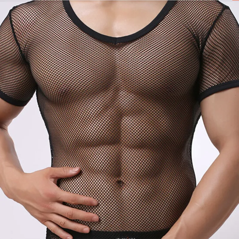 Casual apertado Sólidos Sexy Mens de Fitness Super Fino Shapewear transparente malha ver através de camisa de manga curta T cobre T Undershirt