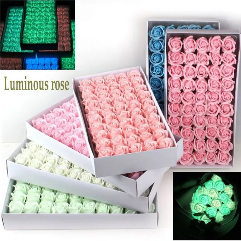 Lumineux Rose Savon Tête De Fleur Trois Couches Couleurs Solides Veilleuse Fleurs Coffret Cadeau Bouquet pour Mariage Saint Valentin Décoration 50pcs / lot