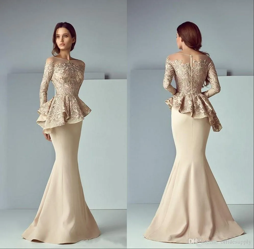 Champagne dentelle tache Peplum porter des robes de bal 2019 col transparent à manches longues Dubaï arabe sirène longue soirée robes de soirée