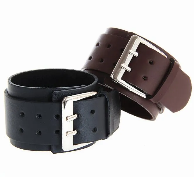 European and American retro wide leather bracelet fashion punk rock exaggeration double skin large buckle men's Leather Bracelet wy140