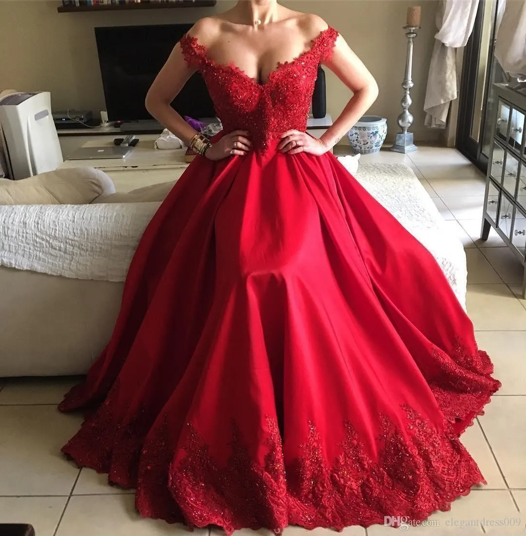 Red Luxury Off Shoulder A Line Red Long Prom Dress With Sequins