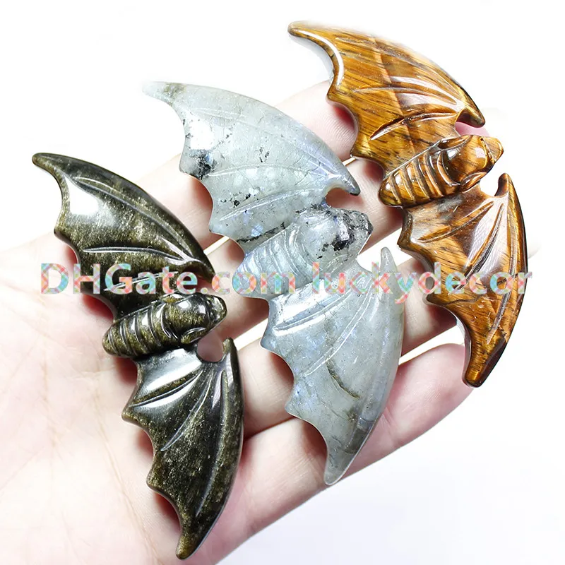 2Pcs Natural Wicca Quartz Crystal Bat Skull Pocket Stone Golden Sheen Obsidian Labradorite Tiger Eye Carving Animal Reiki Healing Figurine