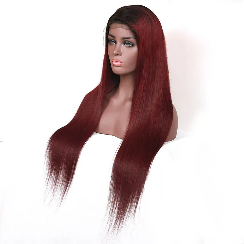 Peruivan Cheveux Humains 1B 99J Ombre Vierge Cheveux Avant de Lacet Perruques Soyeux Droite 1b 99j 13X4 Perruques 10-22inch180K
