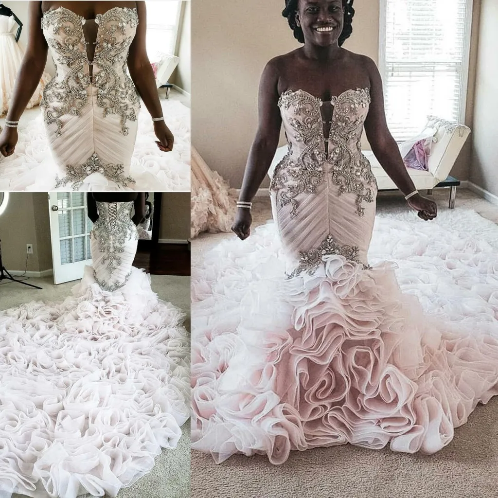 Vestidos de novia de sirena de cristal con volantes en cascada de talla grande, corsé con cordones, vestido de boda africano brillante para iglesia