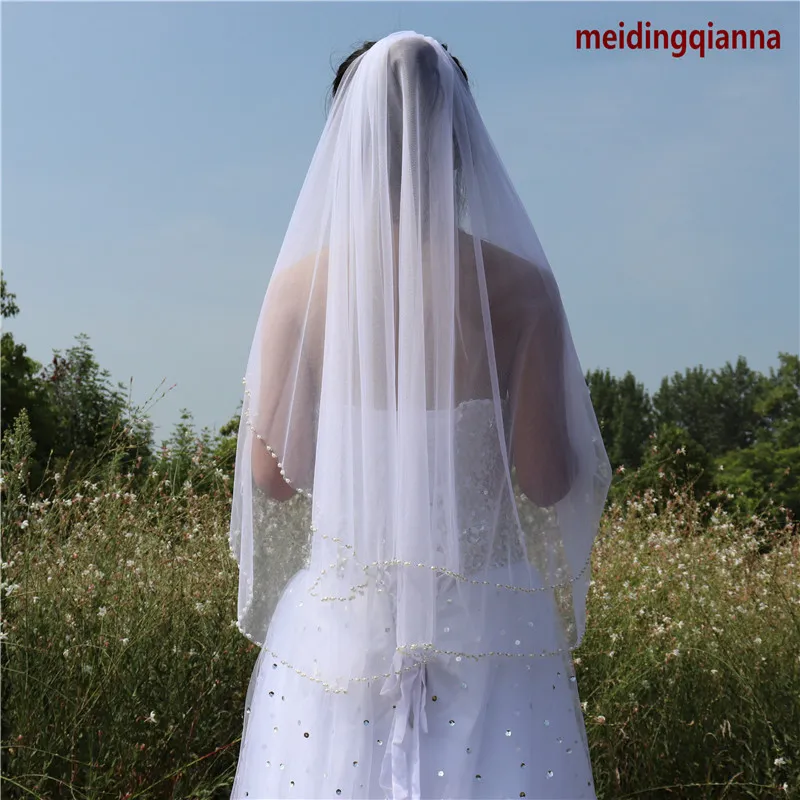 ذات جودة عالية جديد الأزياء الأنيقة العاج الأبيض الإصبع طول اثنين من طبقة سبيكة مشط لؤلؤة حافة الزفاف الحجاب Meidingqianna العلامة التجارية