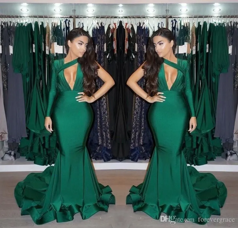 2019 Abito da ballo a maniche lunghe con una spalla Sexy Abito da festa formale verde scuro Indossare abito da sera per la laurea Custom Made Plus Size