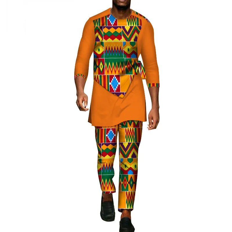 Formale Party Herren Afrikanische Kleidung Dashiki Langarm-Shirt und Hose Set Print Hosen Patchwor Baumwollkleidung WYN94