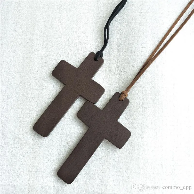 Novos Colares Cruzantes De Madeira Simples para Mulheres De Madeira Crucifixo Pingente com Black Marrom Corda Corda Long Correntes Moda Jóias