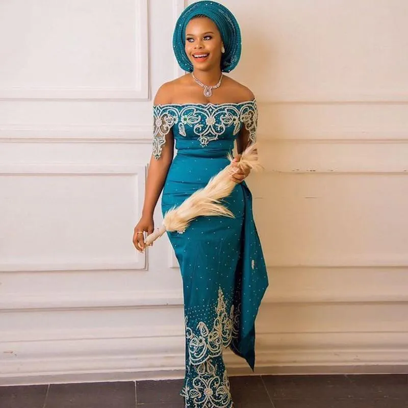 Aso Ebi Teal Mermaid Abendkleid weg vom Schulter-wulstige Spitze-Nixe-Abschlussball-Kleider Afrikanische Nigeria Plus Size Frauen-Partei-Kleider