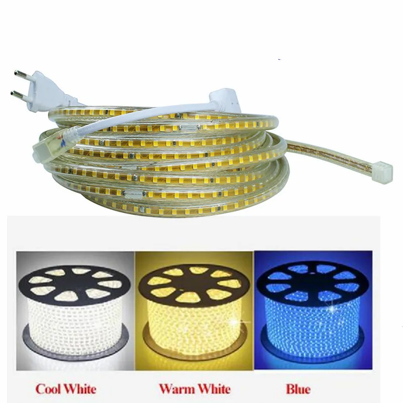 220 V Wodoodporna LED Strip Light z wtyczką EU 2835 SMD Elastyczne Linki Lampy, 120 LED / M Wysoka jasność Dekoracji wewnętrznej