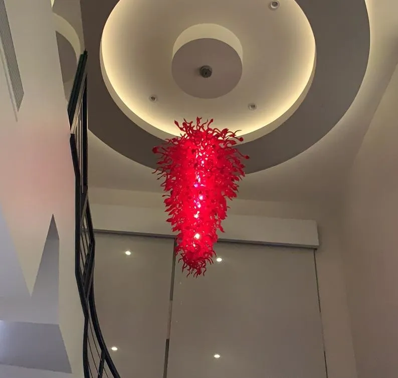 Billiga Storlek Röd Murano Konst ljuskrona Handgjorda Blåsning Italien Style Curly Glass Chandelers Belysning för trappan