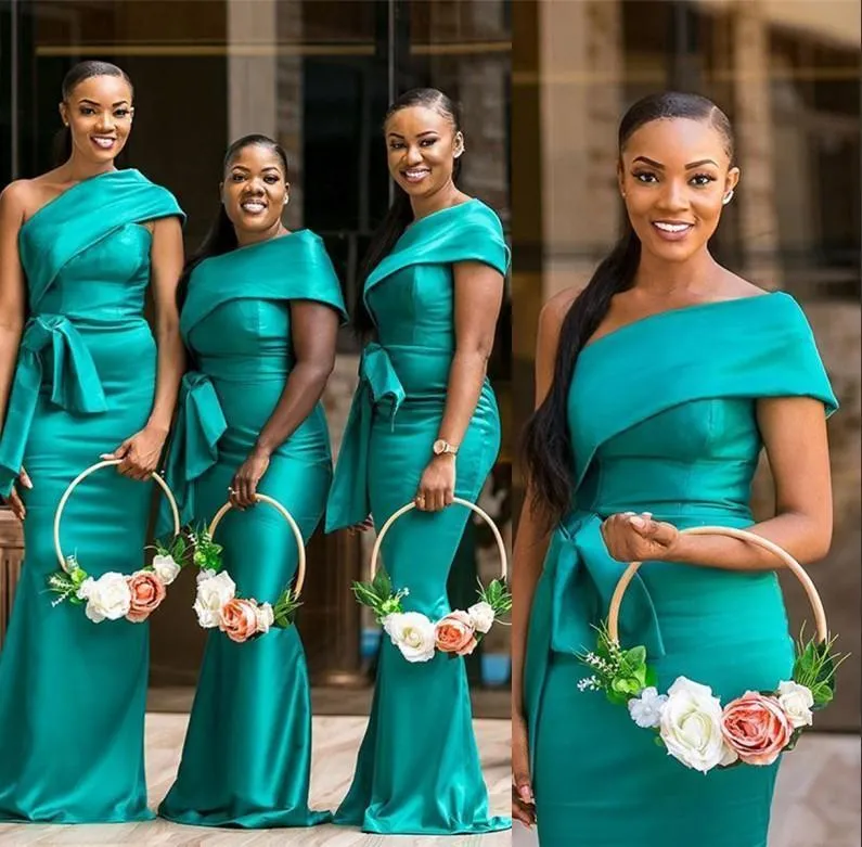 Hunter Green Mermaid Bridesmaid Dresses Long 2021 African One Shoulder Pleats Bow Maid Of Honor Gowns Wedding Guest Prom Dress AL3706