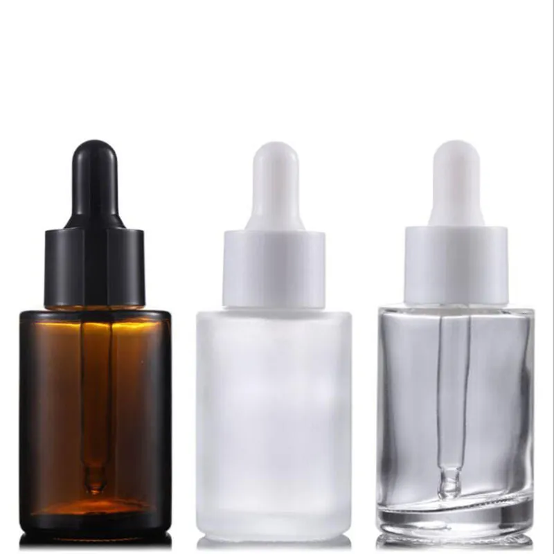 Groothandel 30 ml platte schouder frosted clear amber glas ronde etherische olie serum fles met glazen druppelaar voor cosmetica essentie