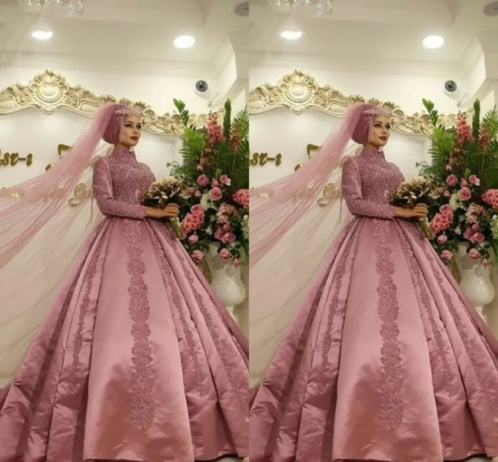 2019 wysokiej szyi muzułmańskie suknie ślubne z długim rękawem suknie balowe suknia ślubna aplikacja drapowane suknie ślubne specjalne okazje sukienka kobiety