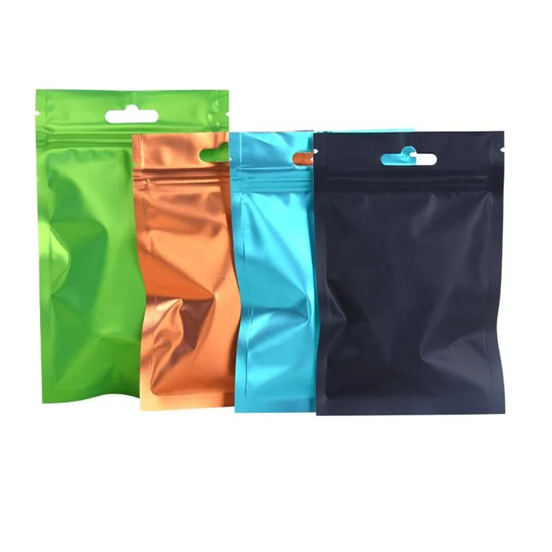 Borsa con valvola a sacchetto in plastica trasparente opaca / foglio di alluminio colorato con cerniera Borsa con foro per appendere in Mylar satinato