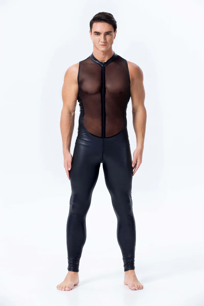 Nieuw Ontwerp Mannen Faux Lederen Jumpsuit Sexy Mesh Stretch Catsuit Mouwloos Zien door Bodysuit Mannelijke Rits Open Crotch Clubwear