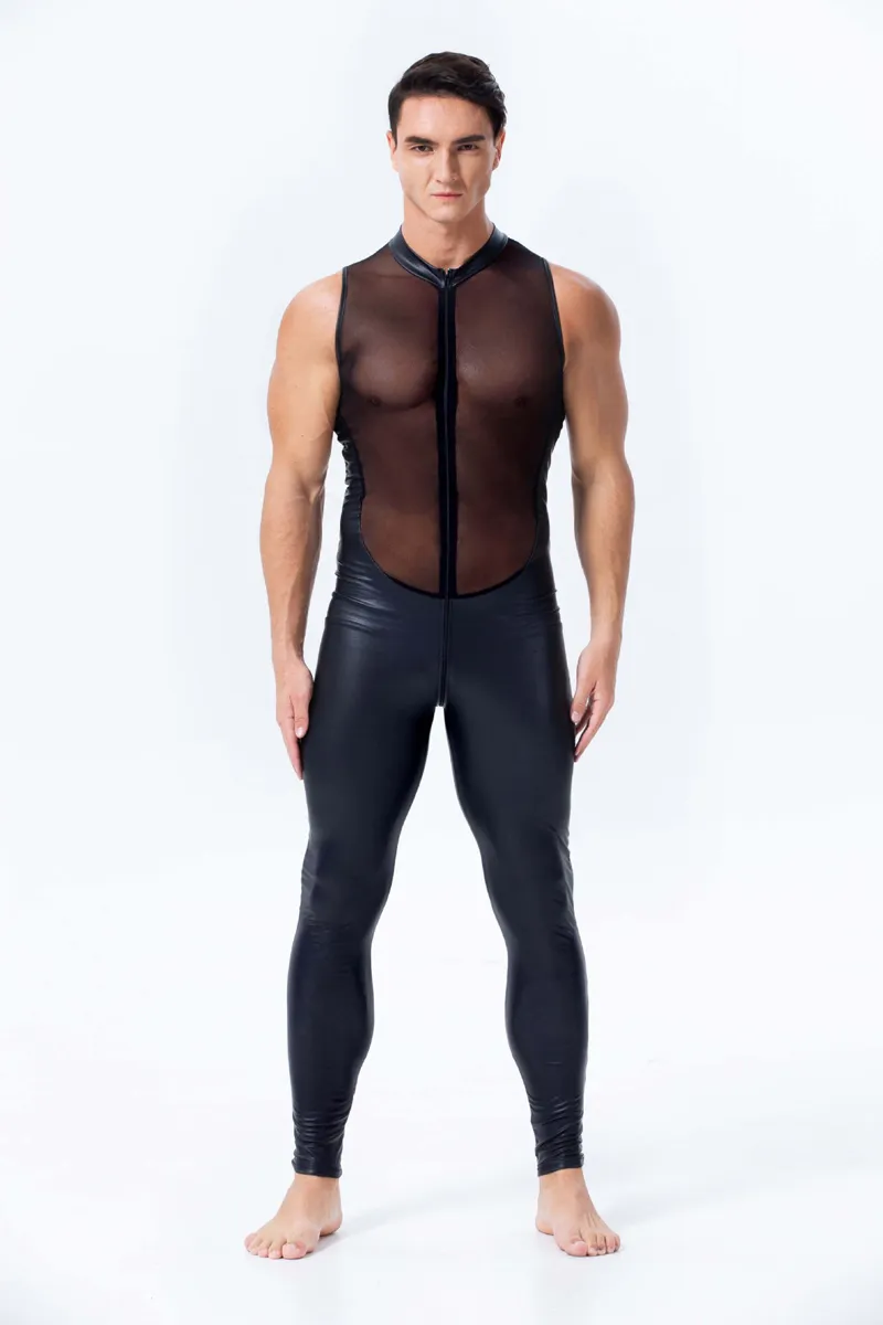 New Design Men Faux Leather Jumpsuit Sexy Mesh Stretch Catsuit Sleeveless See Through Bodysuit Male Zipper Open Crotch Clubwear