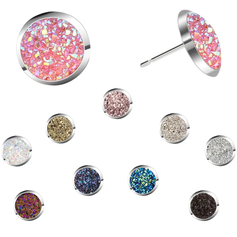 Bulk Stainless steel Shiny Druzy Stud Earrings Round Natural stone Earrings For women Fashion Jewelry Gift