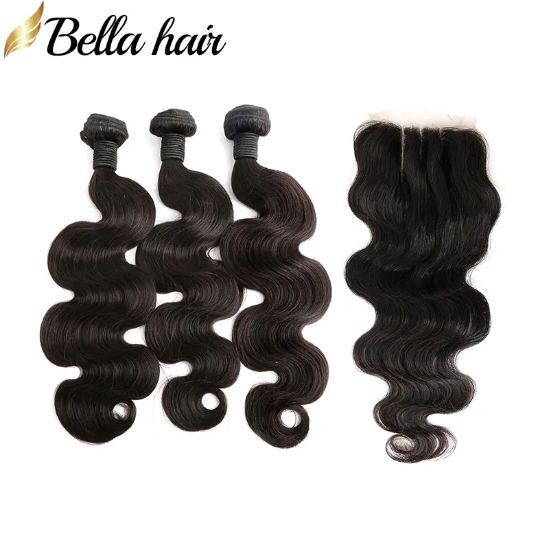 Pacote de cabelo da Malásia com fecho onda corporal não processado Extensões de trama de cabelo virgem humana 4x4 3 parte encerramento do laço 4 pcs / lote DHL Bella cabelo