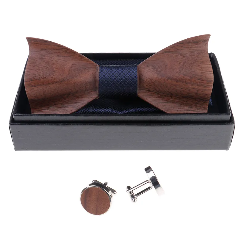 1set Houten Stropdas Pochet Manchetknopen Houten Strikje Mannen Accessoires Bruiloft Mode Houten Strikjes Set